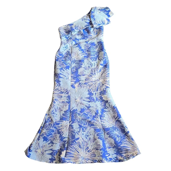 Donna Karan Floral Brocade One Shoulder Bow Gown Dazzling Blue Multi 8 - Picture 3 of 10